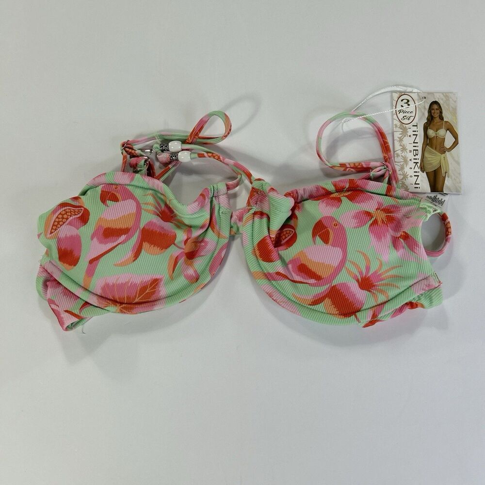 Tinibikini Swim Top Size Large Green Pink Floral / Toucan Bikini Top NWT